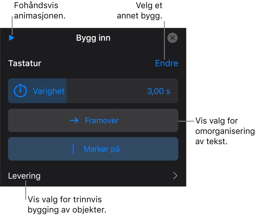 Blant byggvalgene finner du Varighet, Tekstanimasjon og Levering. Trykk på Endre for å velge et annet bygg, eller trykk på Forhåndsvis for å forhåndsvise bygget.