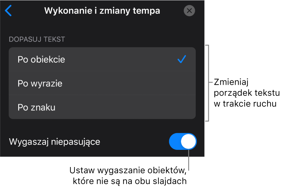 Opcje wykonania oraz zmiany tempa Magicznego przejścia w panelu Zmiany tempa.