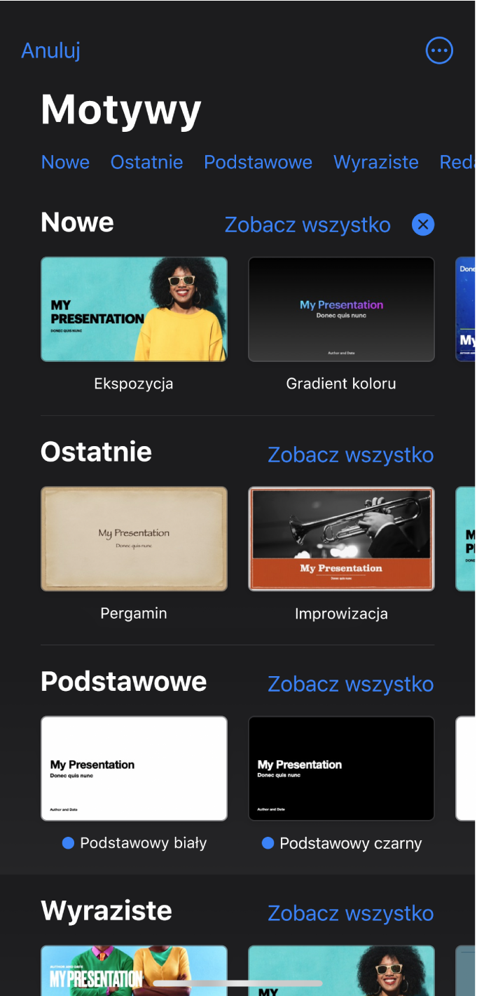 Paleta motywów z widocznym na górze wierszem kategorii, w które możesz stuknąć, aby filtrować dostępne motywy. Przycisk Więcej znajduje się w prawym górnym rogu, gdzie możesz ustawić format Standardowy lub Szeroki, a także ustawić formatowanie specyficzne dla języka lub regionu. Poniżej widoczne są miniaturki gotowych motywów uporządkowane wierszami według kategorii. Po prawej stronie nad każdym wierszem kategorii widoczny jest przycisk Zobacz wszystkie.