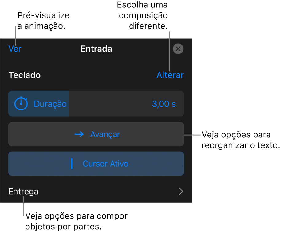 Entre as opções de composição estão Duração, Animação do Texto e Distribuição. Toque em Alteração para escolher uma composição diferente ou toque em Pré-visualizar para pré-visualizá-la.