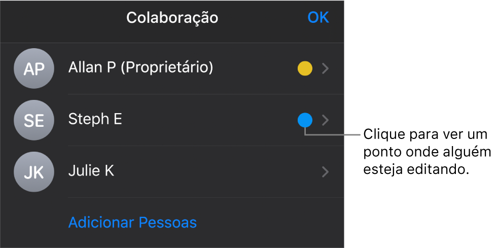 Lista de participantes com três participantes e um ponto colorido diferente à direita de cada nome.