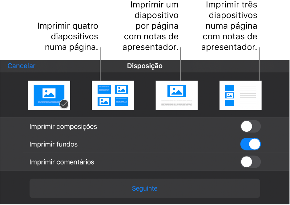 Opções de disposição para impressão.