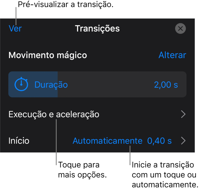 Controlos do “Movimento mágico” no painel Transições.