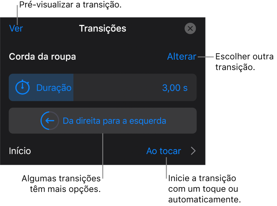 Controlos no painel de opções para modificar as transições.