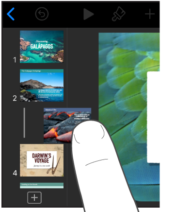 Imagem de um dedo a arrastar uma miniatura do diapositivo no navegador de diapositivos.