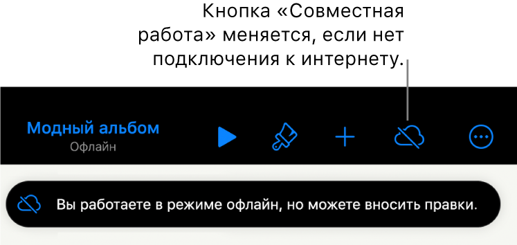 Кнопки вверху экрана. Вместо кнопки «Совместная работа» отображается перечеркнутое облако. На экране отображается предупреждение: «Вы работаете в режиме офлайн, но можете вносить правки».