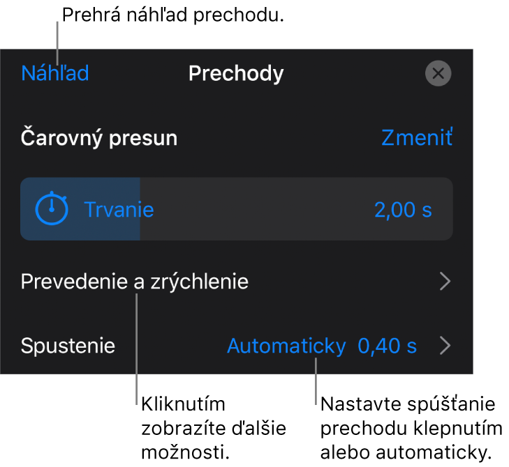 Ovládacie prvky na paneli Prechody.