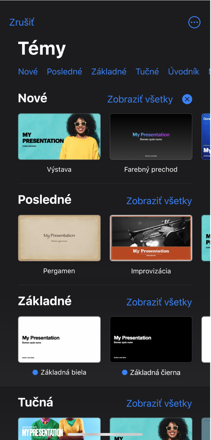 Výber tém zobrazujúci v hornej časti riadok kategórií, na ktoré môžete klepnúť a filtrovať tak možnosti. V pravom hornom horu sa nachádza tlačidlo Viac, ktoré umožňuje nastaviť štandardný alebo široký formát, prípadne nastaviť formátovanie pre konkrétny jazyk alebo región. Nižšie sú miniatúry preddefinovaných tém usporiadané do riadkov podľa kategórií. V hornej časti napravo od každého riadka kategórie sa zobrazí tlačidlo Zobraziť všetky.