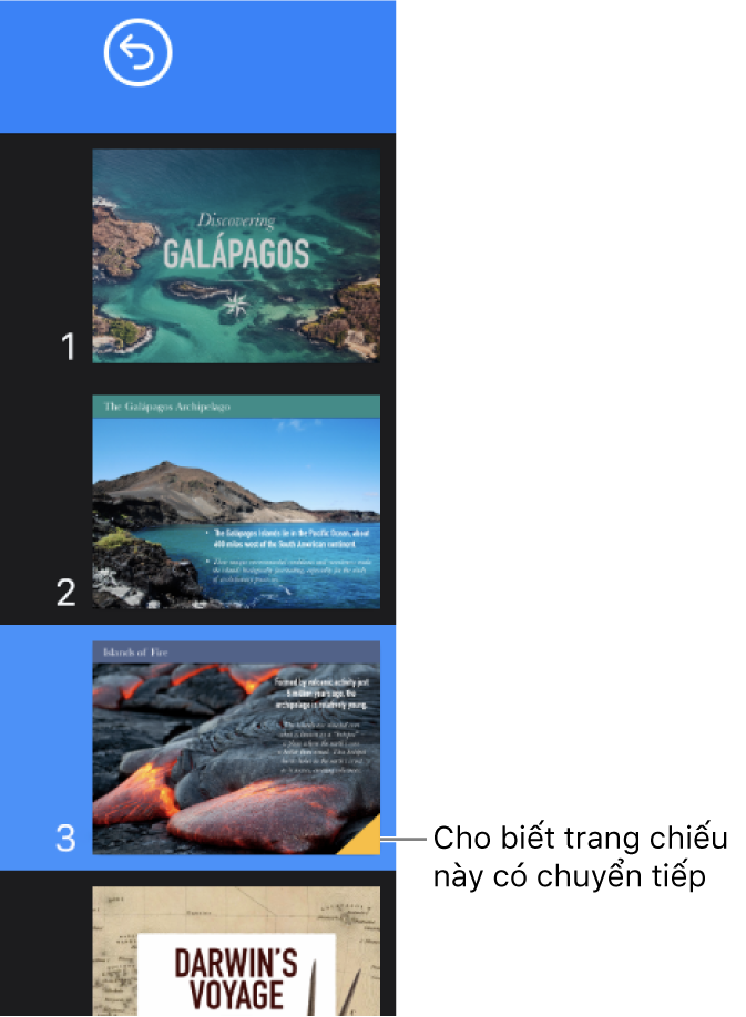 Tam giác màu vàng trên trang chiếu biểu thị rằng trang chiếu được áp dụng hiệu ứng chuyển tiếp.