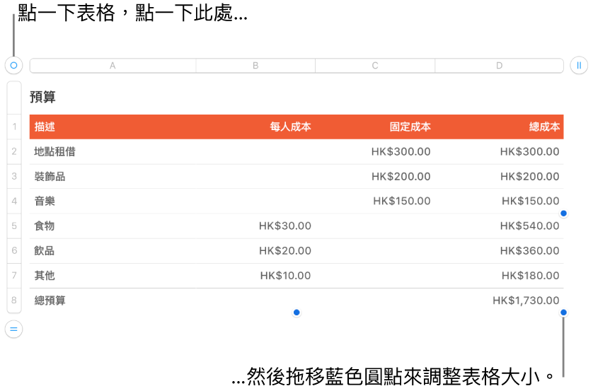 選取的表格，帶有調整大小的藍色圓點。