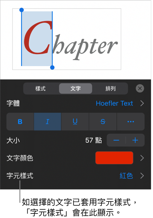 「文字」格式控制項目，「顏色」控制項目底下顯示「字元樣式」。帶有一個星號的「無」字元樣式。