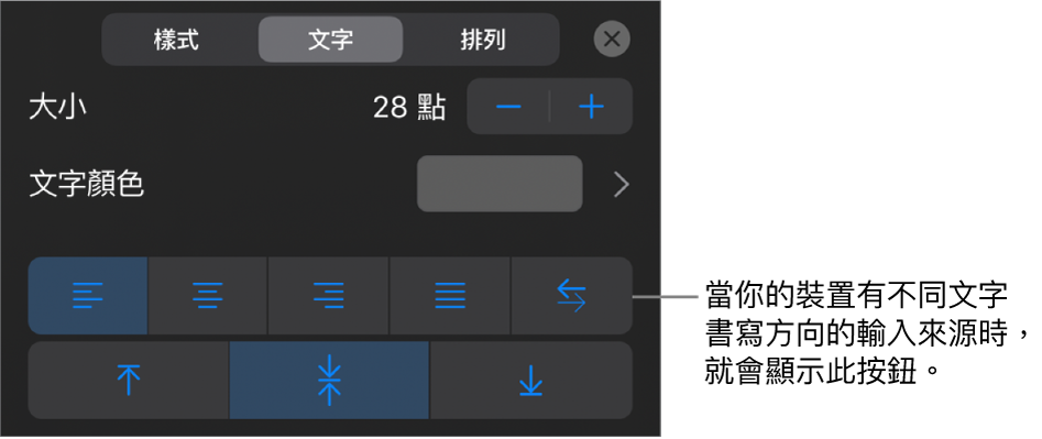 「格式」選單中的文字控制項目，以及「由右至左」按鈕的說明文字。