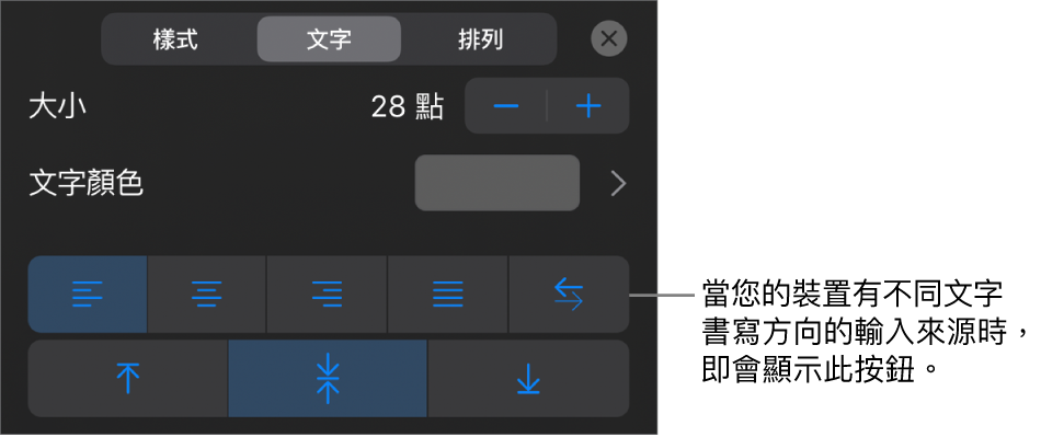 「格式」選單中的文字控制項目，說明文字位於「由右至左」按鈕。