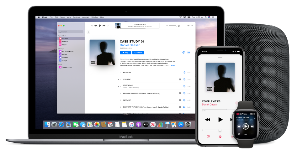 A song playing on a Mac, iPhone, and Apple Watch, with a HomePod.