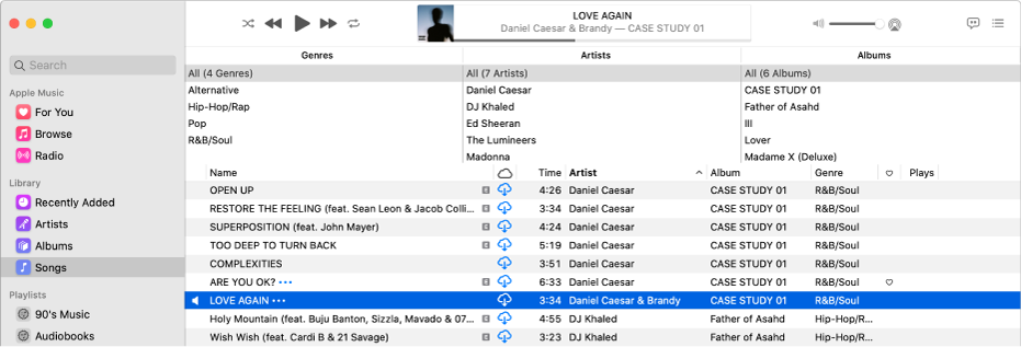 The main Music window: The column browser is to the right of the sidebar and above the list of songs.