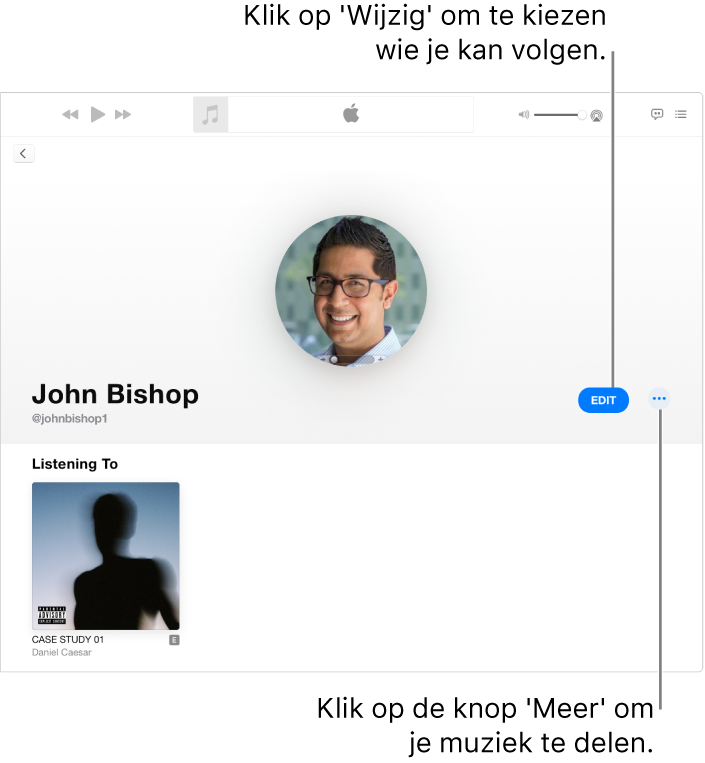 De profielpagina in Apple Music: Klik rechts in het venster op 'Bewerk' om aan te geven wie je kan volgen. Klik rechts naast 'Bewerk' op de knop 'Meer' als je je muziek wilt delen.