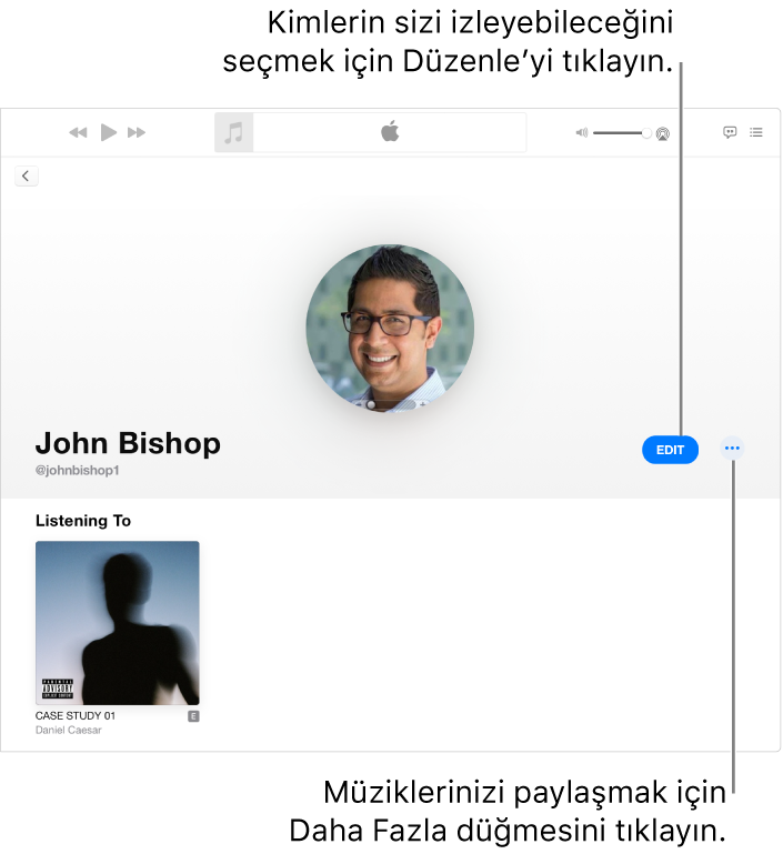 Apple Music’te profil sayfası: Sizi takip edebilecekleri seçmek için pencerenin sağ kenarındaki Düzenle’yi tıklayın. Müziklerinizi paylaşmak için Düzenle düğmesinin sağındaki Daha Fazla düğmesini tıklayın.