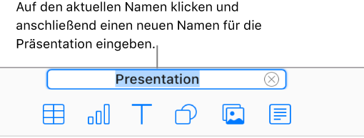 Der Name der Präsentation „Präsentation“ oben in einer offenen Präsentation ausgewählt.