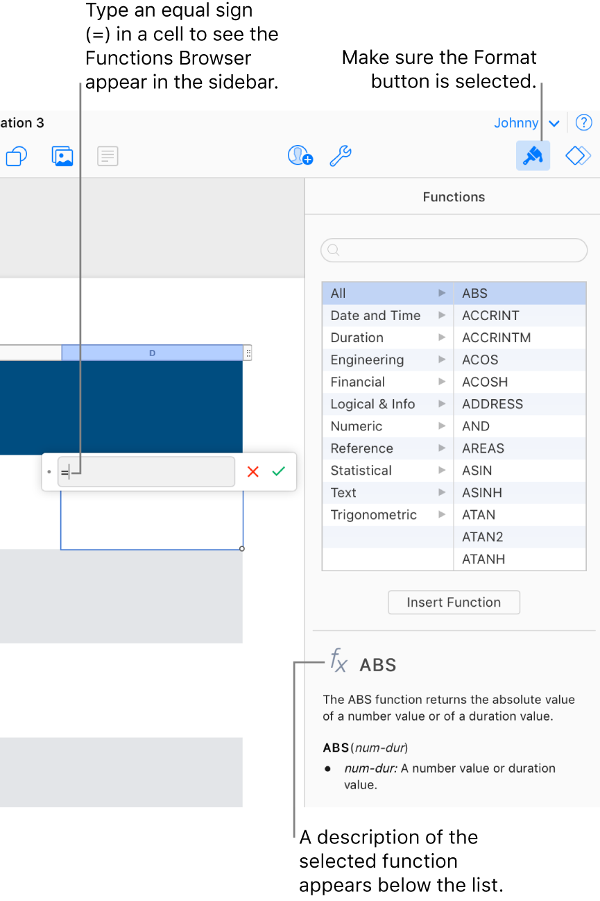 The Formula Editor appears over a cell with an equal sign in it, and the Functions Browser in the Format sidebar shows the available functions. A description of the selected function appears below the functions in the sidebar.