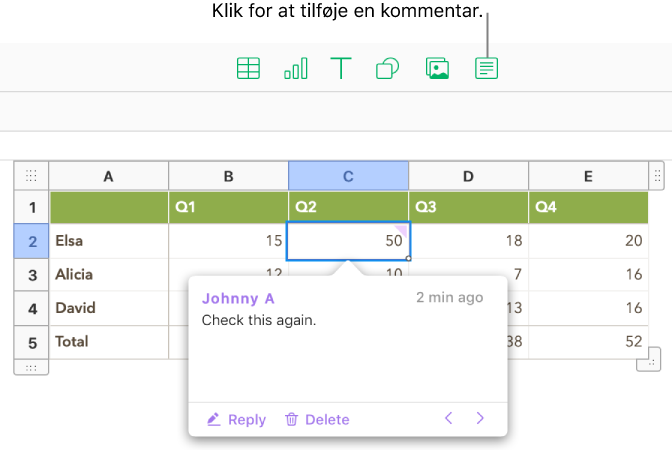 En kommentar, der er føjet til en tabelcelle.