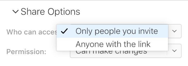 The “Who can access” pop-up menu set to “Only people you invite.”