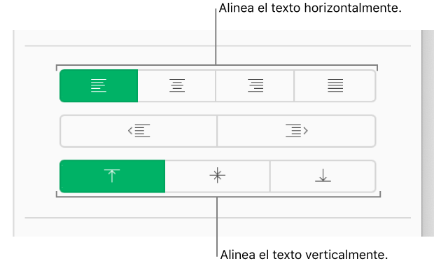 Los botones de alineación de texto verticales y horizontales de la barra lateral Formato.