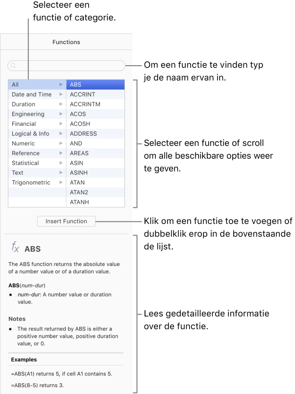 De functiekiezer met zoekvelden bovenaan, functies per categorie, de knop 'Voeg functie in' en informatie over de geselecteerde functie.