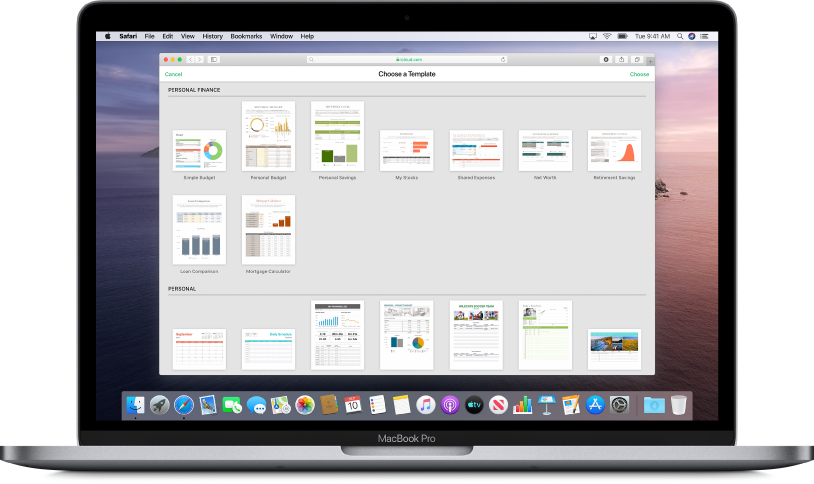Otwarte okno wyboru szablonu, w którym widać kilka przykładowych arkuszy kalkulacyjnych do wyboru.