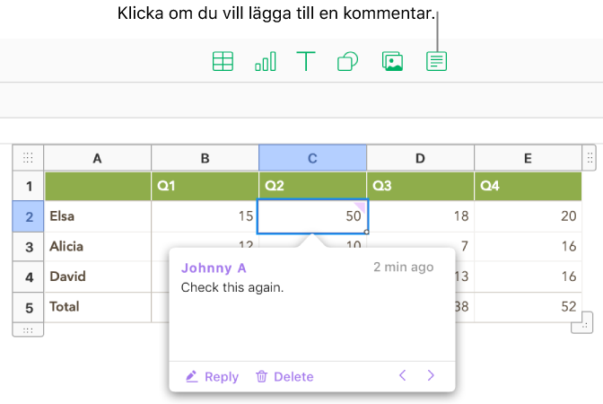 En kommentar har lagts till i en tabellcell.