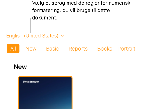 Lokalmenuen øverst til venstre for skabelonvælgeren, hvor Engelsk (USA) er valgt.
