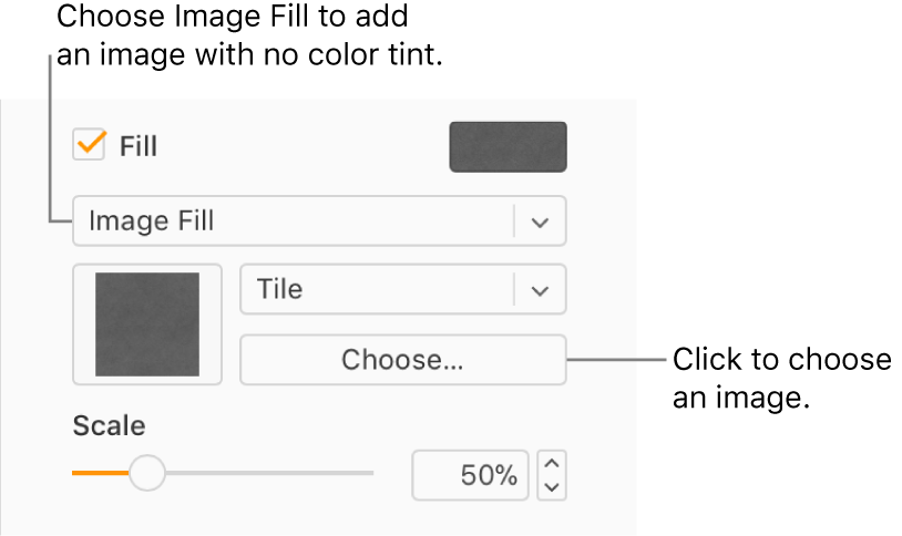 The Fill checkbox is selected in the sidebar, and Image Fill is chosen in the pop-up menu below the checkbox. Controls for choosing the image, how it fills the object, and the image’s scale appear below the pop-up menu. A preview of the image appears in a square below the Image Fill pop-up menu after an image is chosen.
