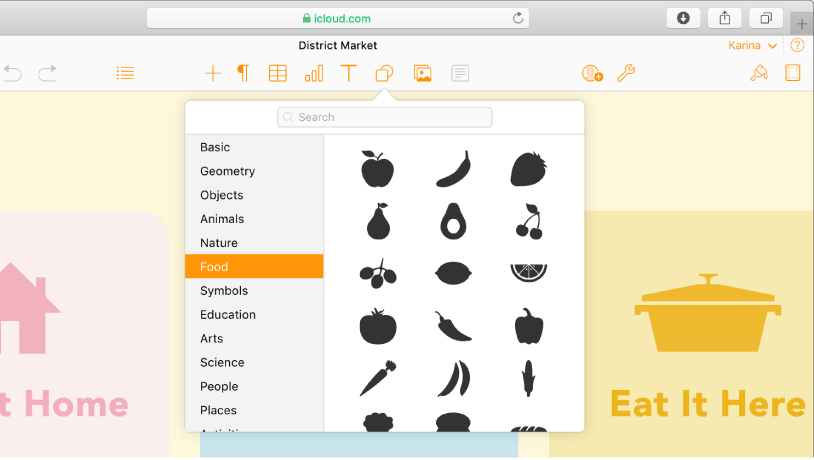 The Shapes popover is open, with a list of shape categories to choose from. The Food category is selected and images of food shapes to choose from appear to the right of the category.