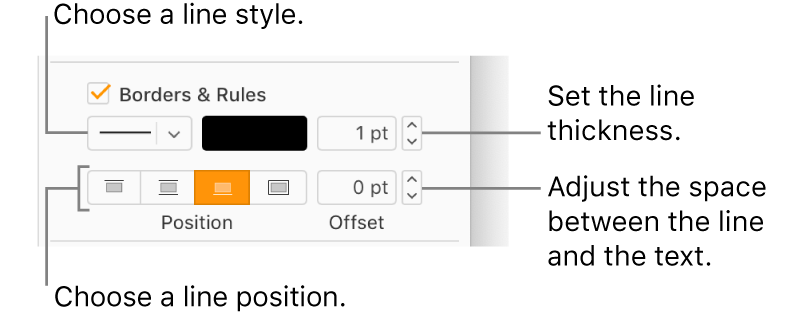 The Borders & Rules checkbox is selected in the Format sidebar, and controls to change the line style, thickness, position, and color of the line appear below the checkbox.