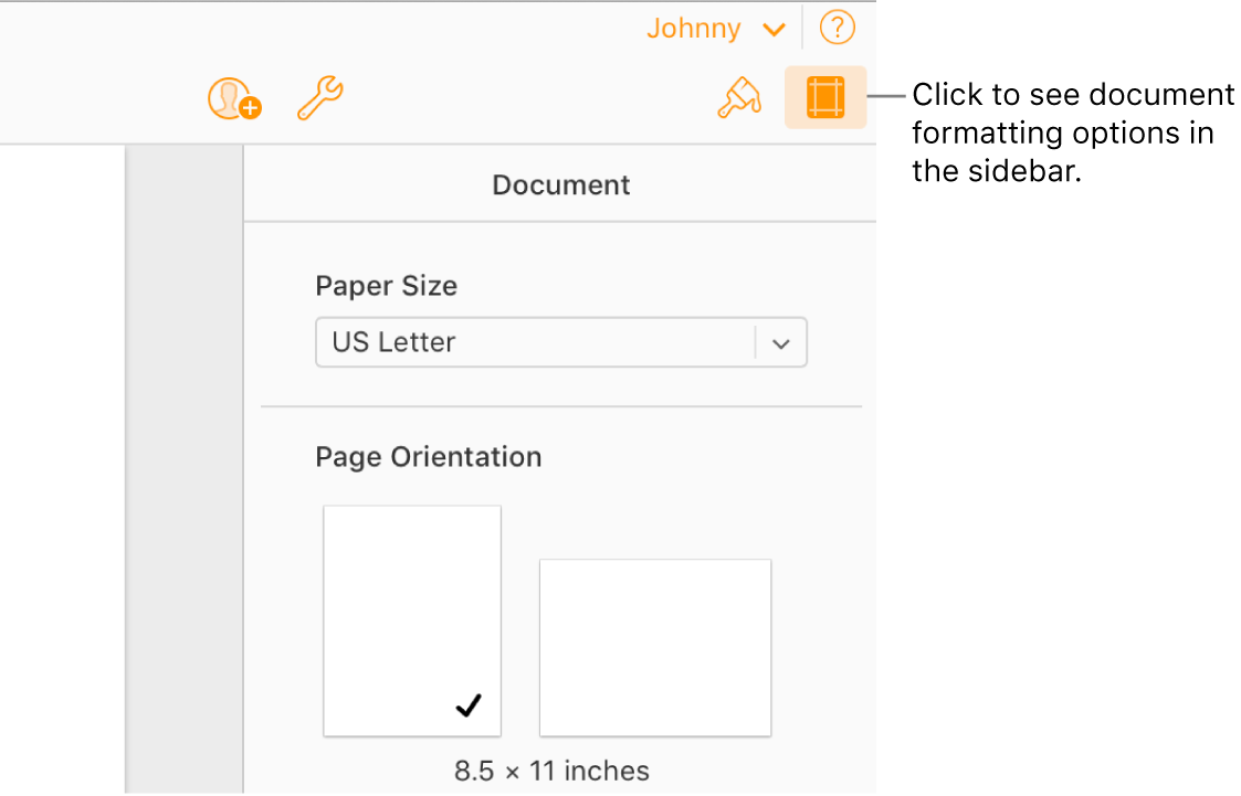 The Document button is selected in the toolbar, and controls for changing the paper size and orientation appear in the sidebar.