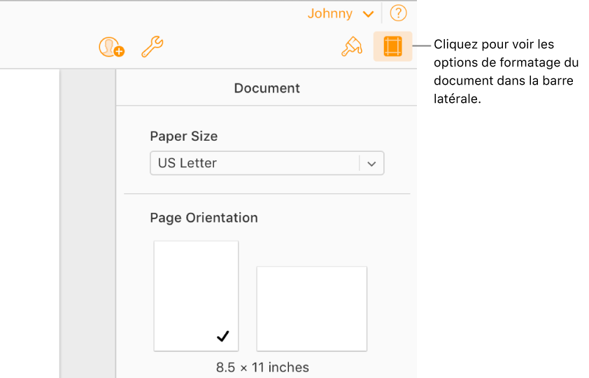 Bouton Document sélectionné dans la barre d’outils et commandes de changement de la taille du papier et de l’orientation de la page de la barre latérale.