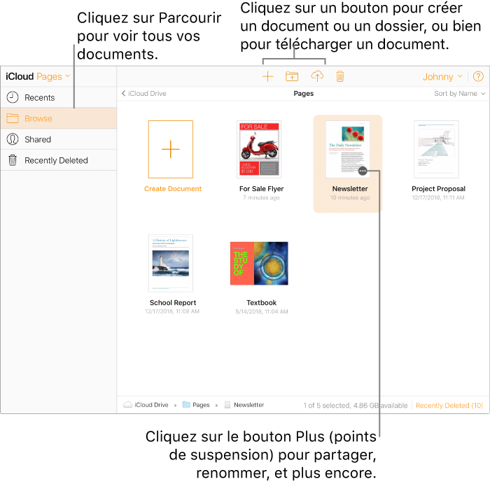 Gestionnaire de documents en mode navigation. Les légendes pointent vers le bouton Plus dans un document et vers les boutons Créer un document, Nouveau dossier et Télécharger dans la barre d’outils.