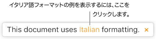 「この書類にはイタリア語フォーマットが適用されます」という内容のメッセージ。