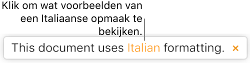 Een bericht waarin staat “Dit document gebruikt Italiaanse indeling”.