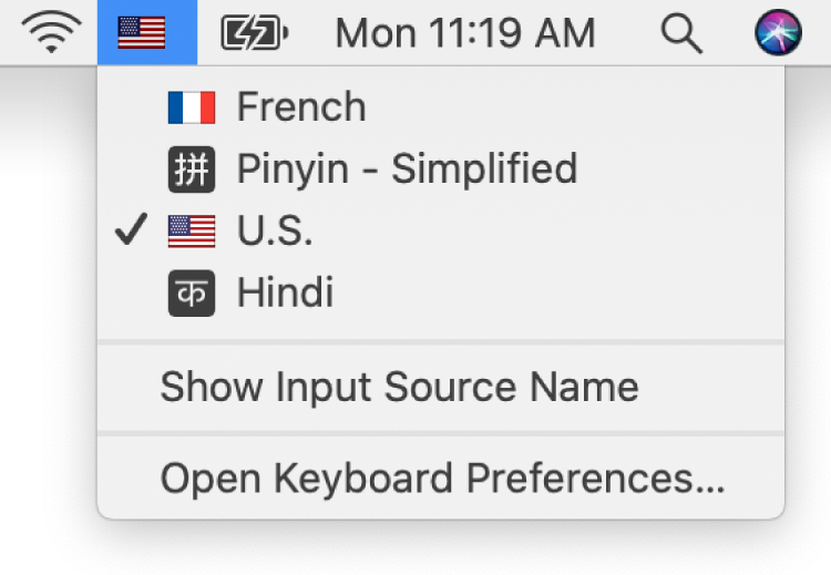 O menu Entrada no lado superior direito da barra de menus está aberto e mostra vários idiomas disponíveis.