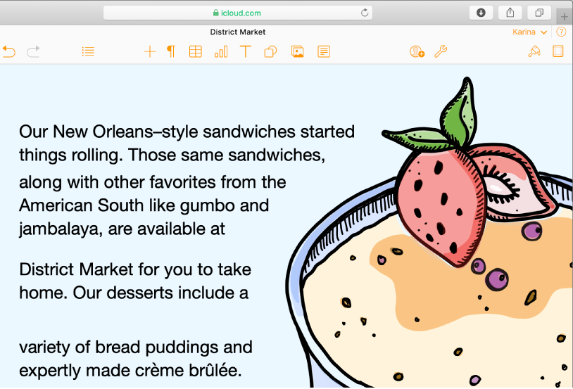 Imagem de uma sobremesa num documento com um texto a flutuar no contorno da imagem.