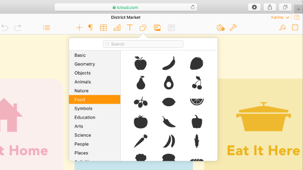 O pop-over Formas está aberto com uma lista de categorias de formas para selecionar. A categoria Comida está selecionada e imagens de formas de comida para selecionar que são apresentadas à direita da categoria.