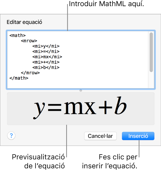 L’equació del pendent d’una línia al camp “Editar equació” i una previsualització de la fórmula a sota.