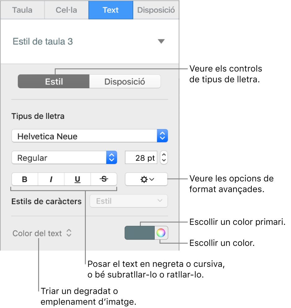 Control per aplicar un estil al text d’una taula.