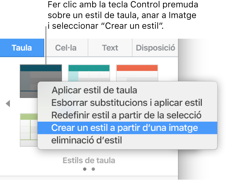 El menú de dreceres “Estil de taula”.