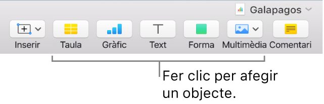 La finestra del Numbers, amb llegendes per als botons d’objectes de la barra lateral.