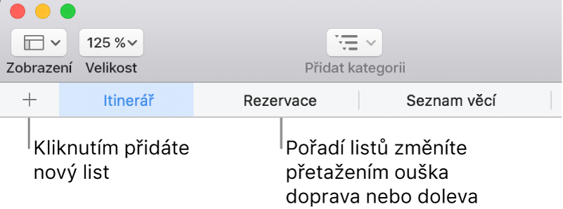 Panel se štítky listů, umožňující přidat nový list a změnit uspořádání listů