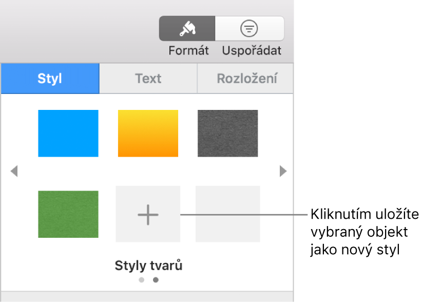 Panel Styl na bočním panelu Formát s čtyřmi styly obrázků, tlačítkem Vytvořit styl a prázdnou maketou stylu.