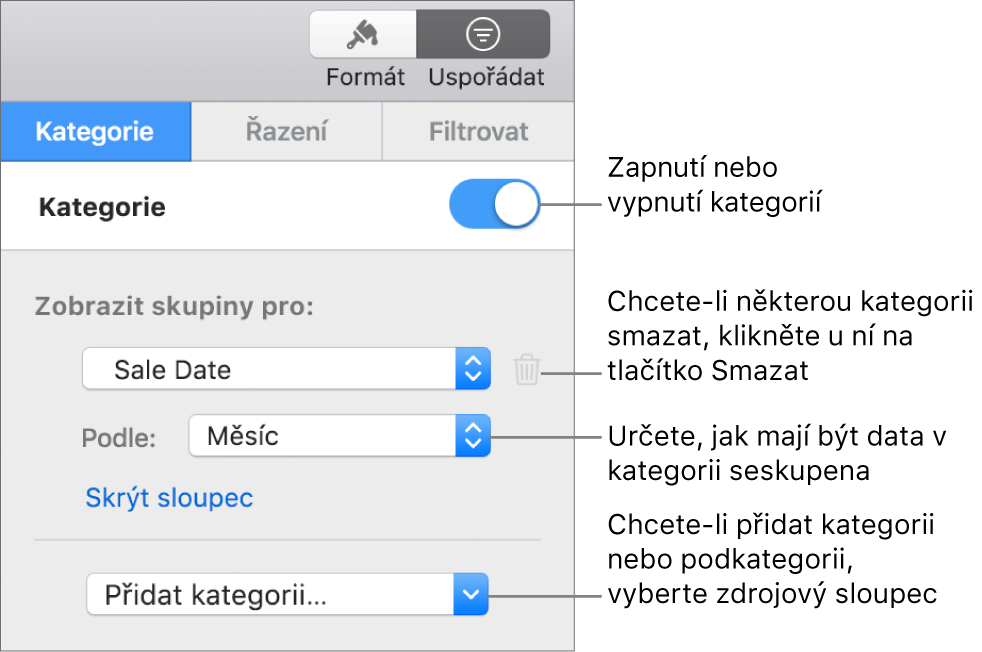 Boční panel kategorií s volbami pro vypnutí kategorií, smazání kategorií, přeskupení dat, skrytí zdrojového sloupce a přidání kategorií
