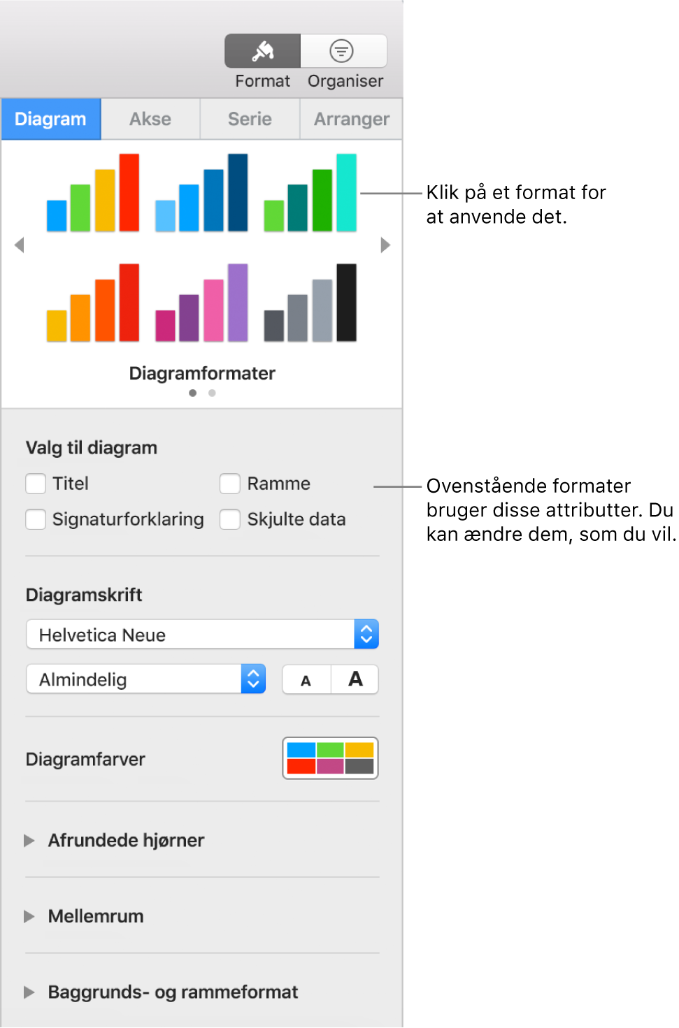 Indholdsoversigten Formatering, der viser betjeningsmuligheder til formatering af diagrammer.