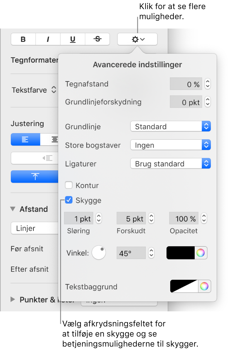 Menuen Avancerede indstillinger er åben med afkrydsningsfeltet Skygger valgt og betjeningsmuligheder til indstilling af sløring, forskydning, opacitet, vinkel og farve.